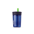 Kids' Tumbler 15oz in Home Base; translucent navy blue plastic body with dark navy lid and bright green straw, white Owala logo on front