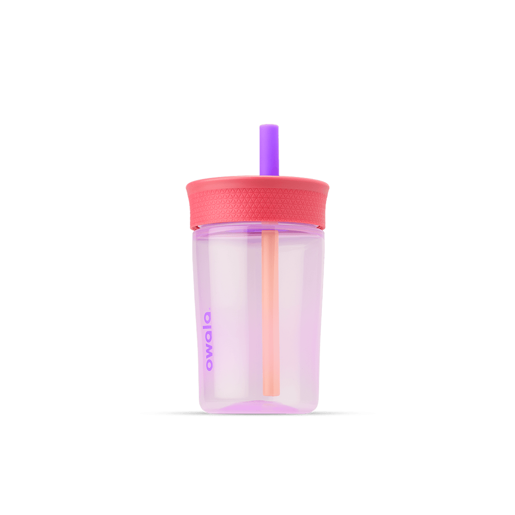 Kids' Tumbler 15oz in Lilac Rocket; translucent lavender plastic body with coral pink lid and purple straw with peach inner straw, lavender Owala logo on front